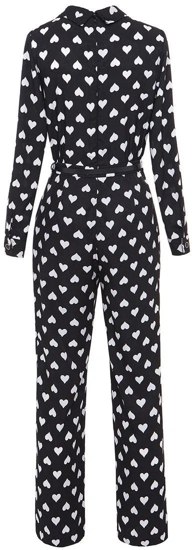 Bow-Detailed Heart-Print Jumpsuit-Black & White or Burgundy & Blue