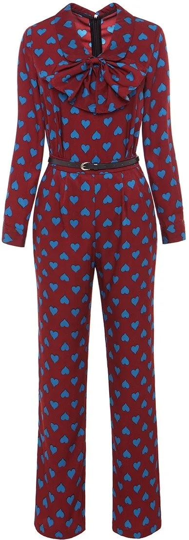 Bow-Detailed Heart-Print Jumpsuit-Black & White or Burgundy & Blue