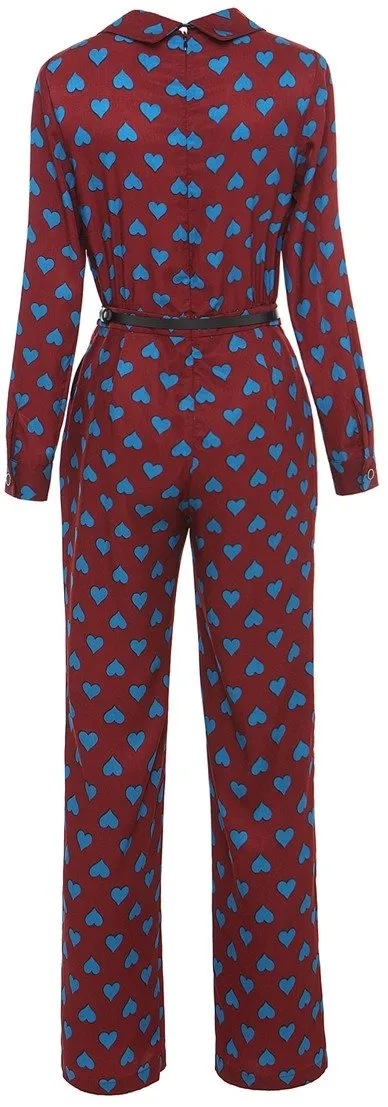 Bow-Detailed Heart-Print Jumpsuit-Black & White or Burgundy & Blue