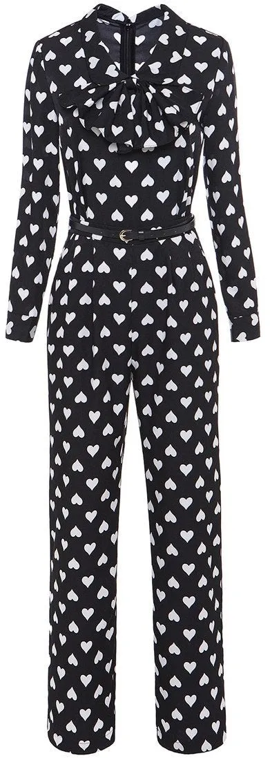 Bow-Detailed Heart-Print Jumpsuit-Black & White or Burgundy & Blue