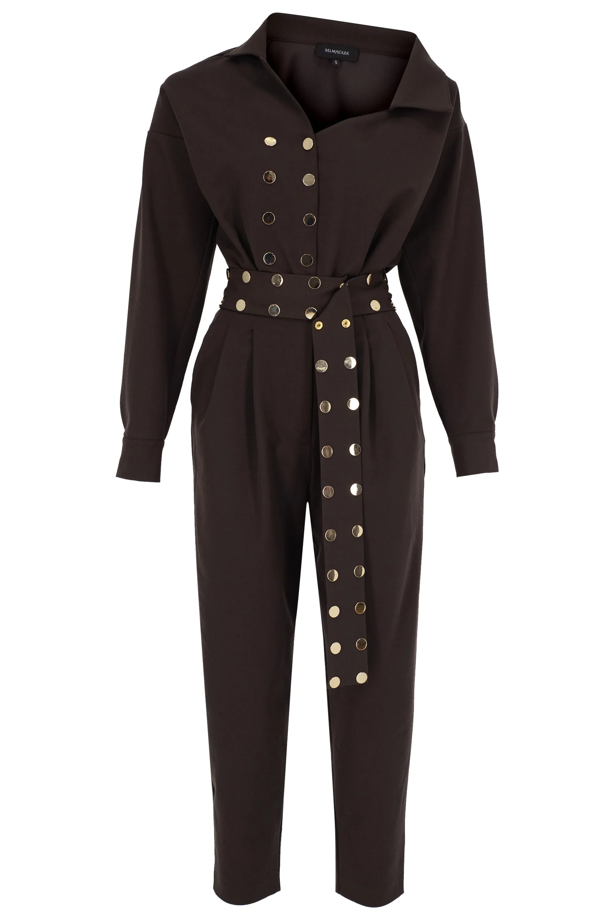 BROWN ASYMMETRIC-NECK, LONG-SLEEVED, BELT-DETAILED CANVAS JUMPSUIT