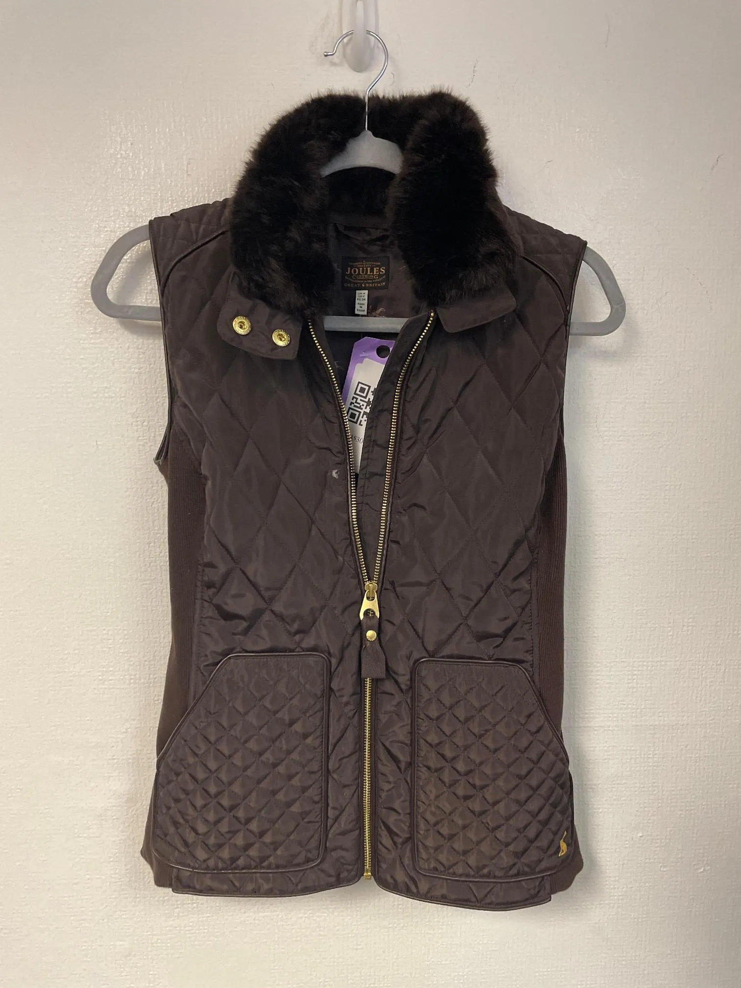 Brown padded fur collar gilet, Joules, Size 6 (Polyester)