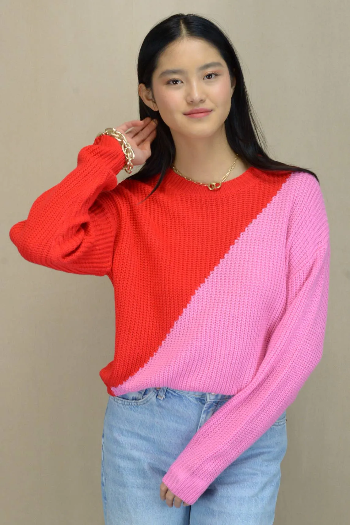 Contrast Color Long Sleeves Pullover Sweater