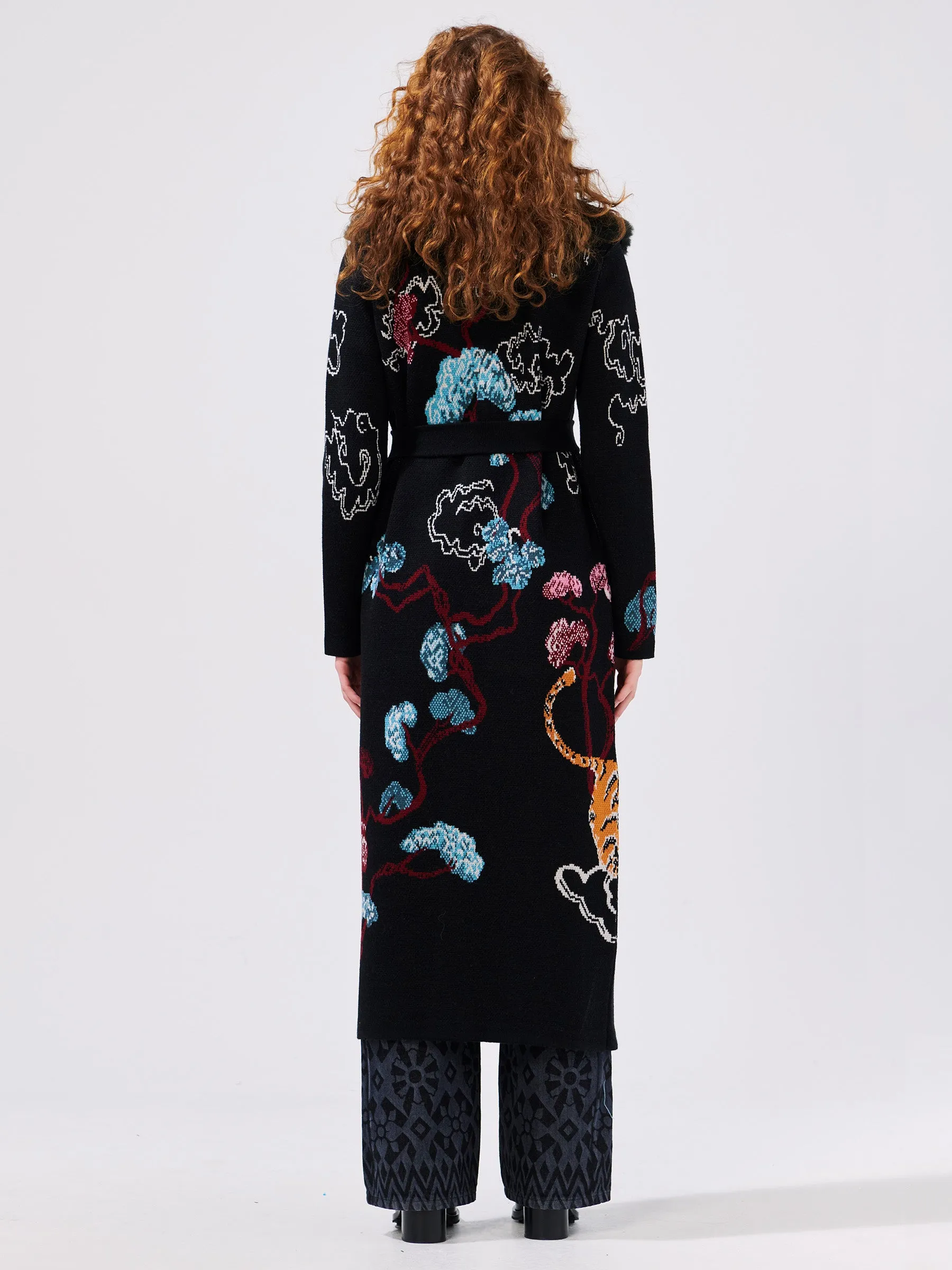 Courageous Tiger Faux Fur Merino Jacquard Long Cardigan