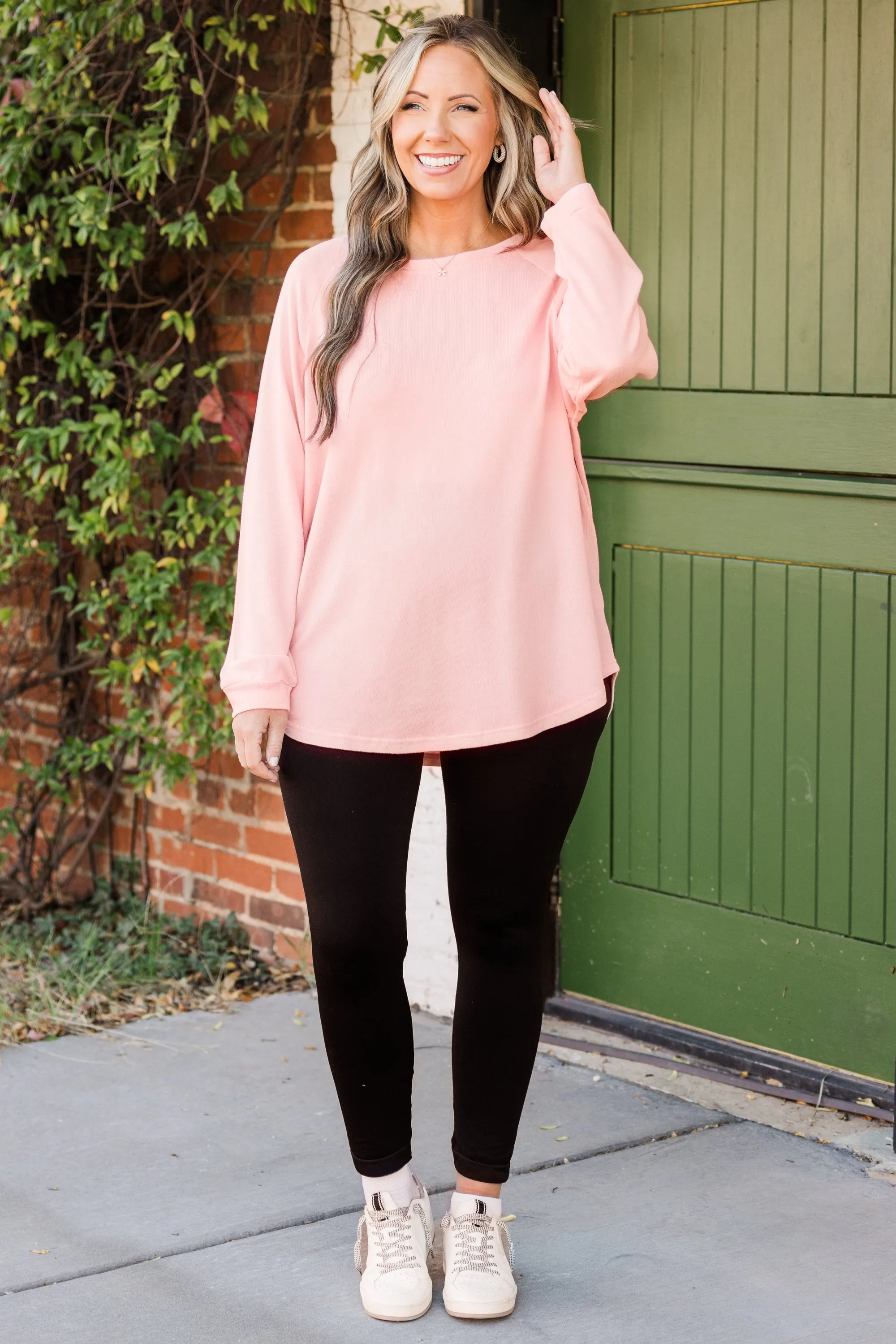 Curved Hem Slouchy Dolman Knitted Tunic, Pink