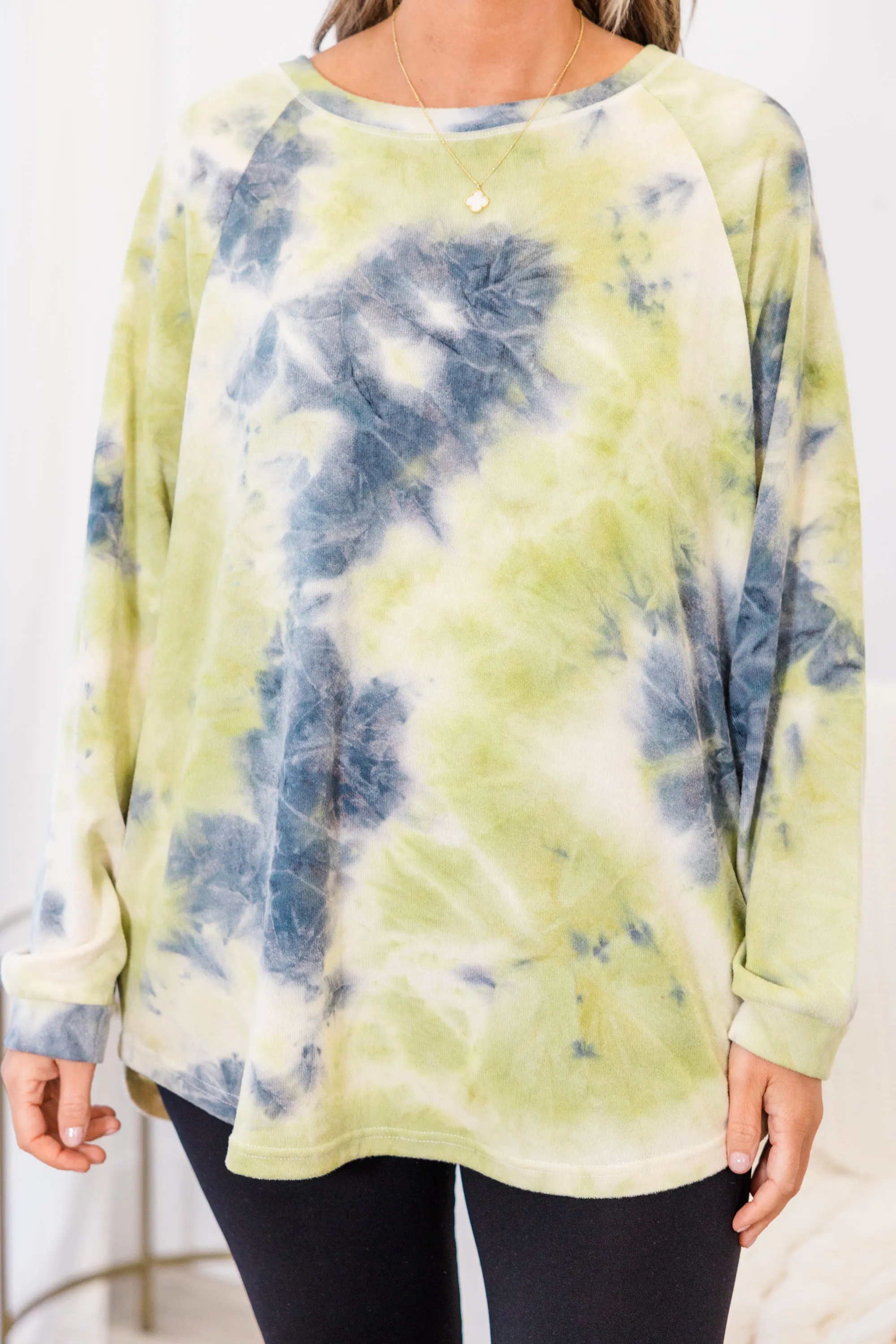 Curved Hem Slouchy Dolman Tunic, Tie Dye Olive