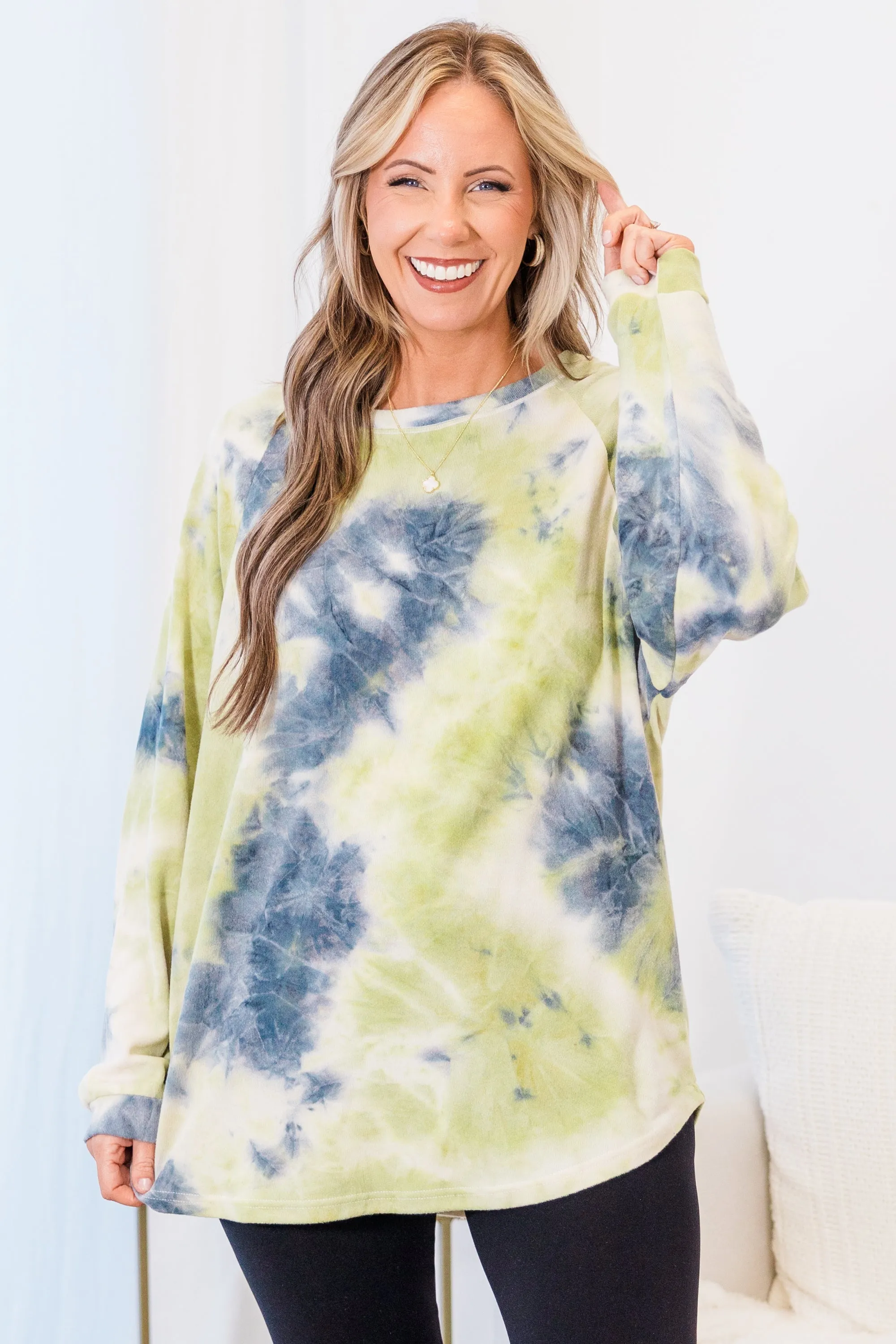 Curved Hem Slouchy Dolman Tunic, Tie Dye Olive