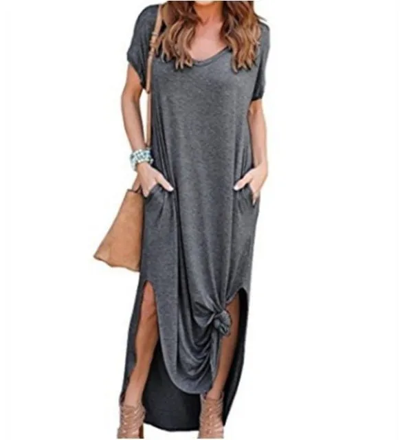 DEENOR Dynamic Side Slit V-Neck Short Sleeve Befree Maxi Dress