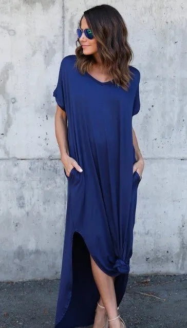 DEENOR Dynamic Side Slit V-Neck Short Sleeve Befree Maxi Dress