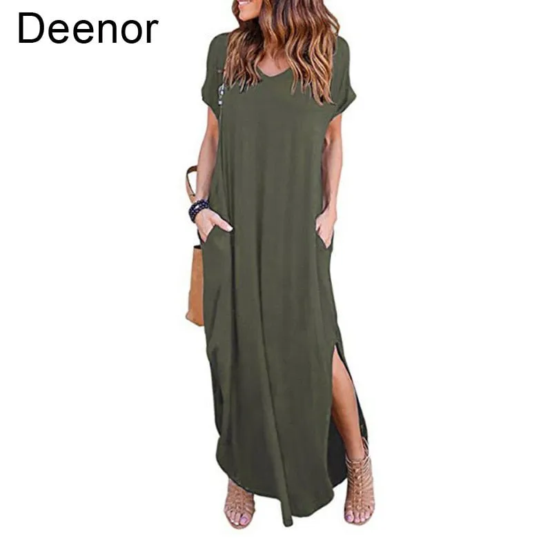 DEENOR Dynamic Side Slit V-Neck Short Sleeve Befree Maxi Dress