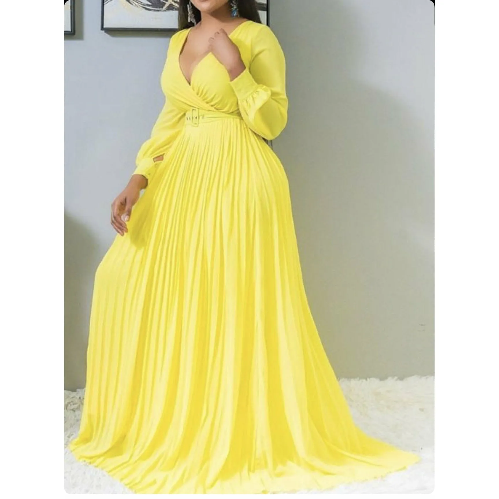 Deep V-Neck Long Sleeve Pleated Maxi Dress