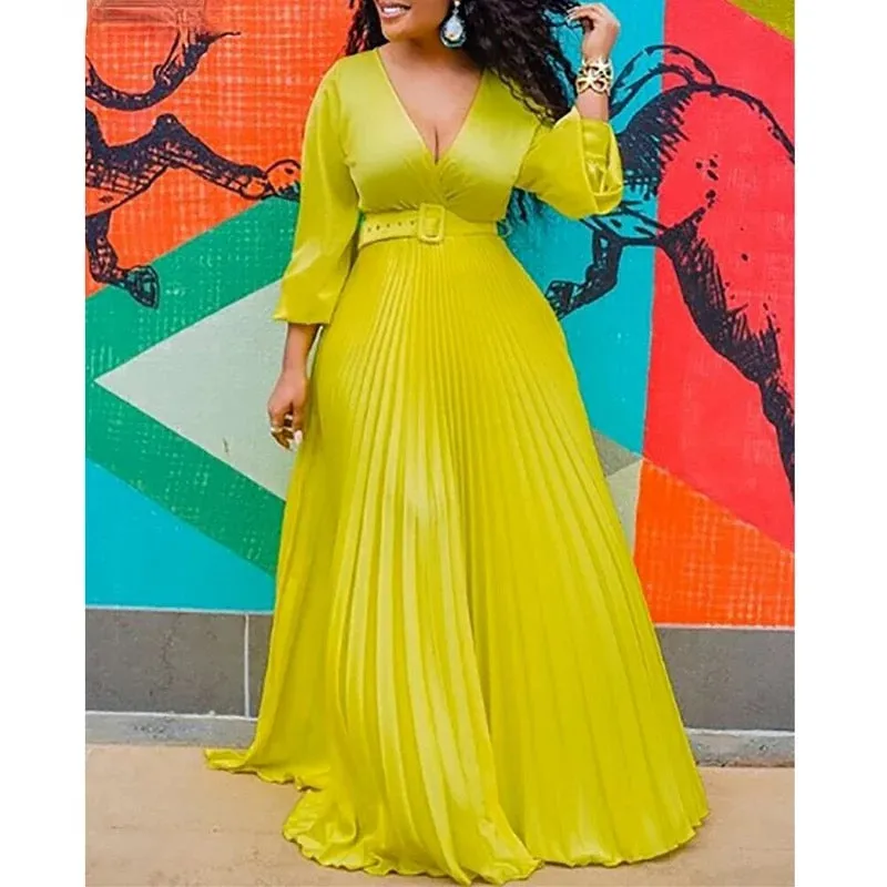 Deep V-Neck Long Sleeve Pleated Maxi Dress