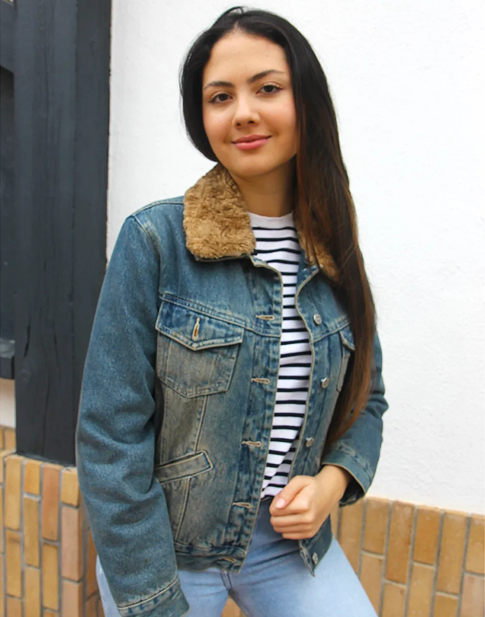 Denim Jacket with Faux Fur Collar