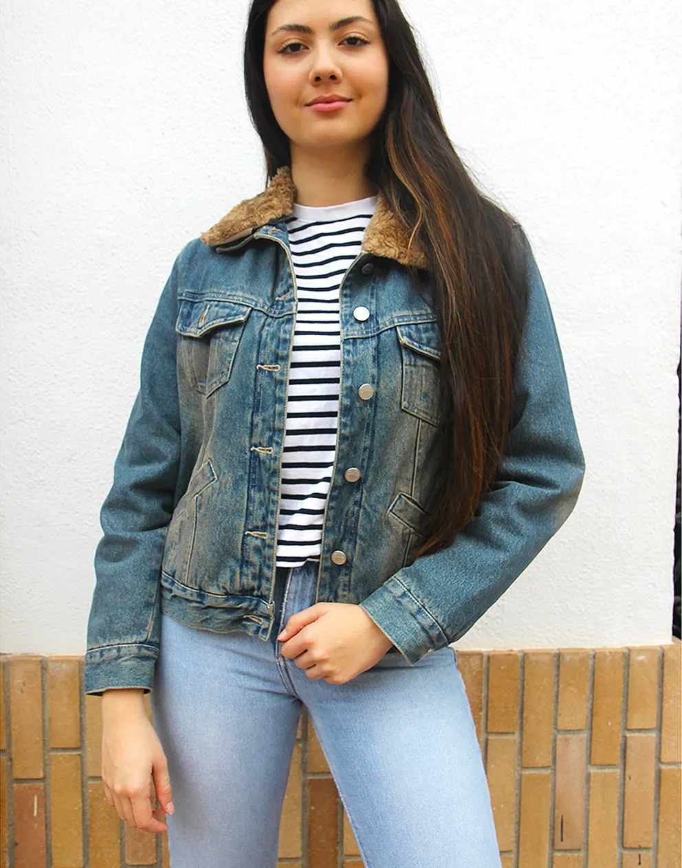 Denim Jacket with Faux Fur Collar