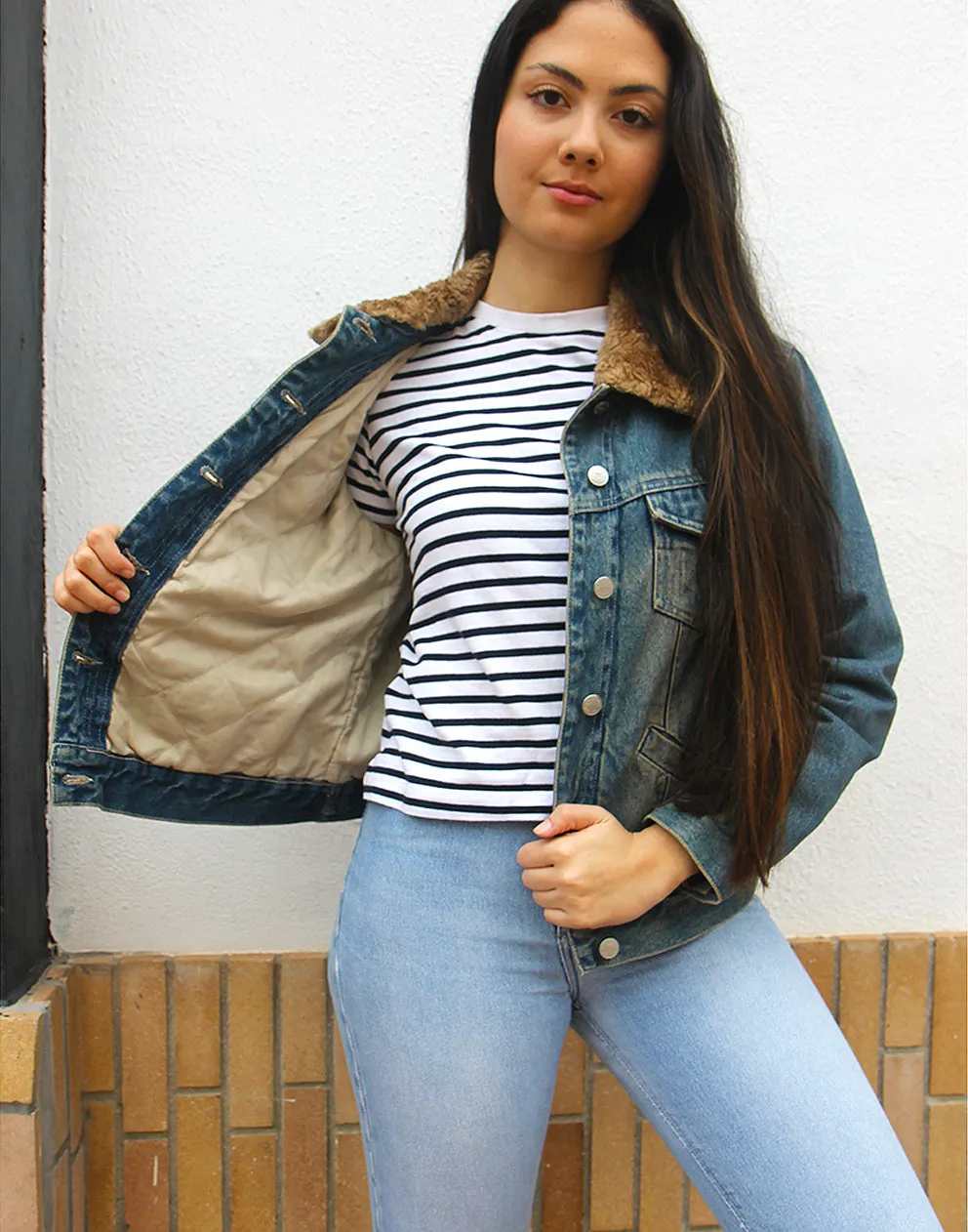 Denim Jacket with Faux Fur Collar