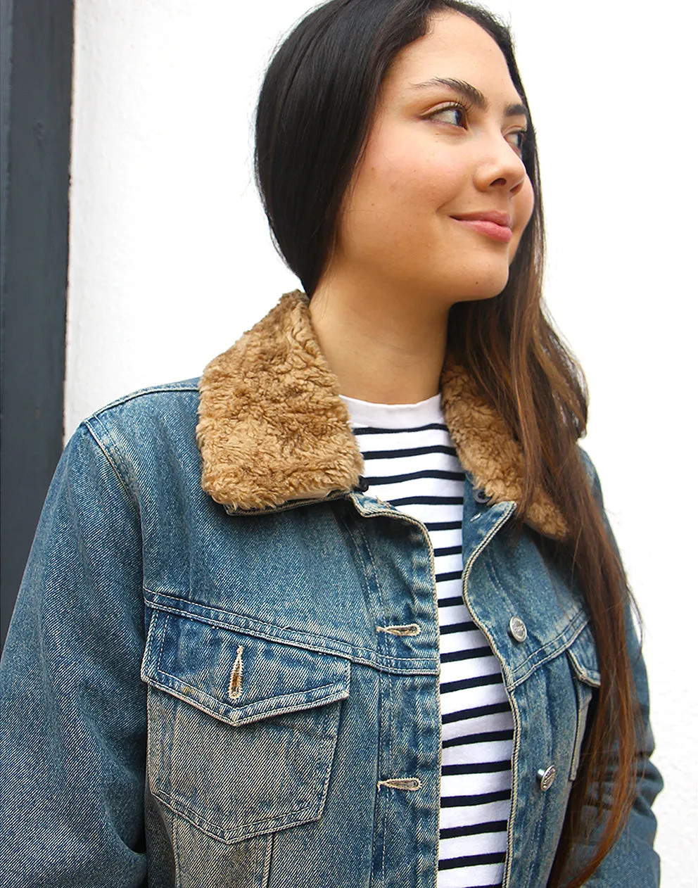 Denim Jacket with Faux Fur Collar