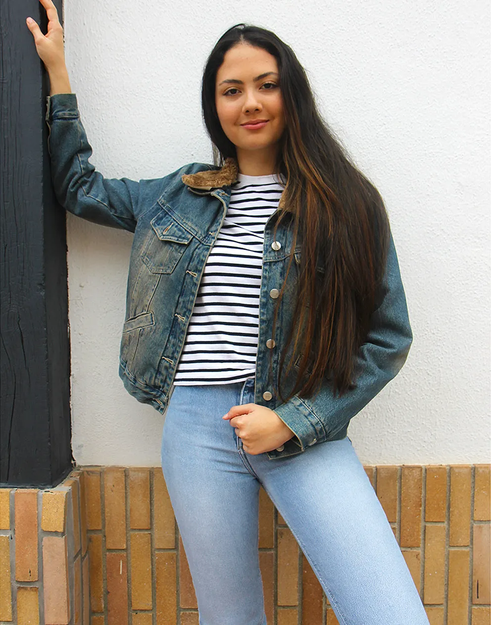 Denim Jacket with Faux Fur Collar