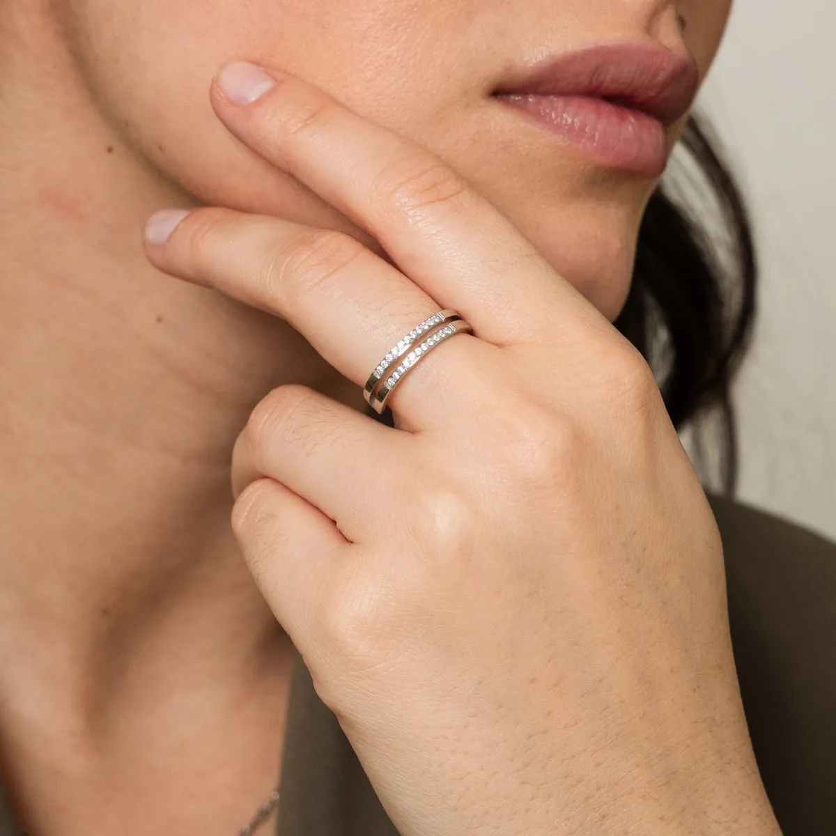 Double Layer Stone Ring - Silver