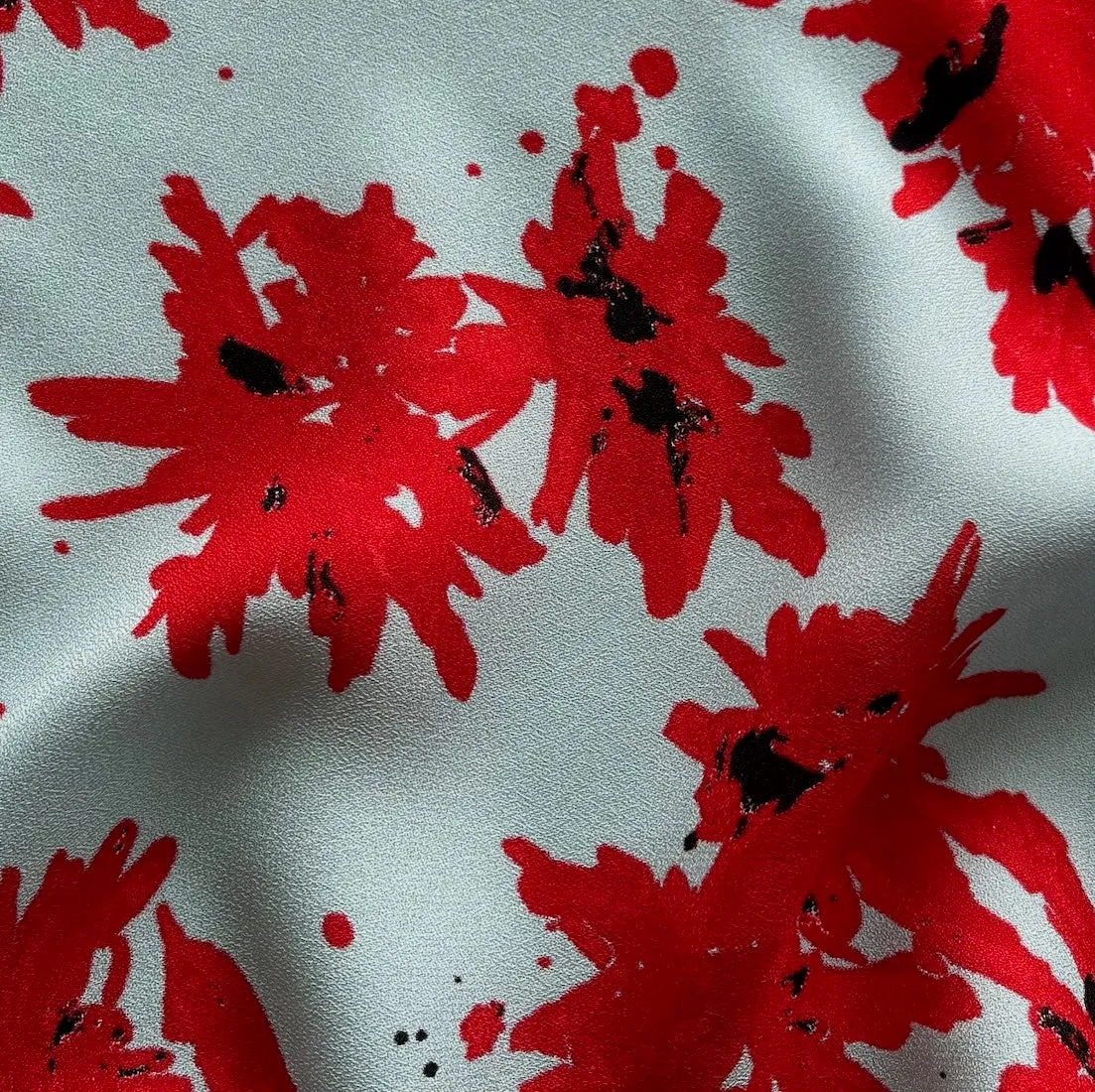 Dress-Weight Scarlet Chrysanthemums on Sky Blue Rayon Crepe (Made in Italy)