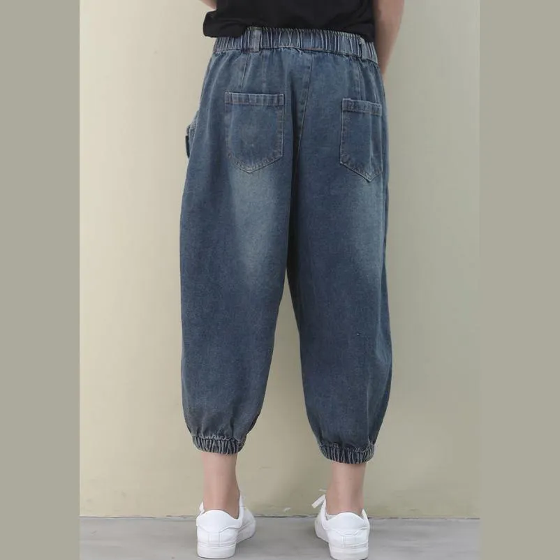 Elegant dark denim blue trousers  summer pockets Cotton shorts