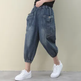 Elegant dark denim blue trousers  summer pockets Cotton shorts