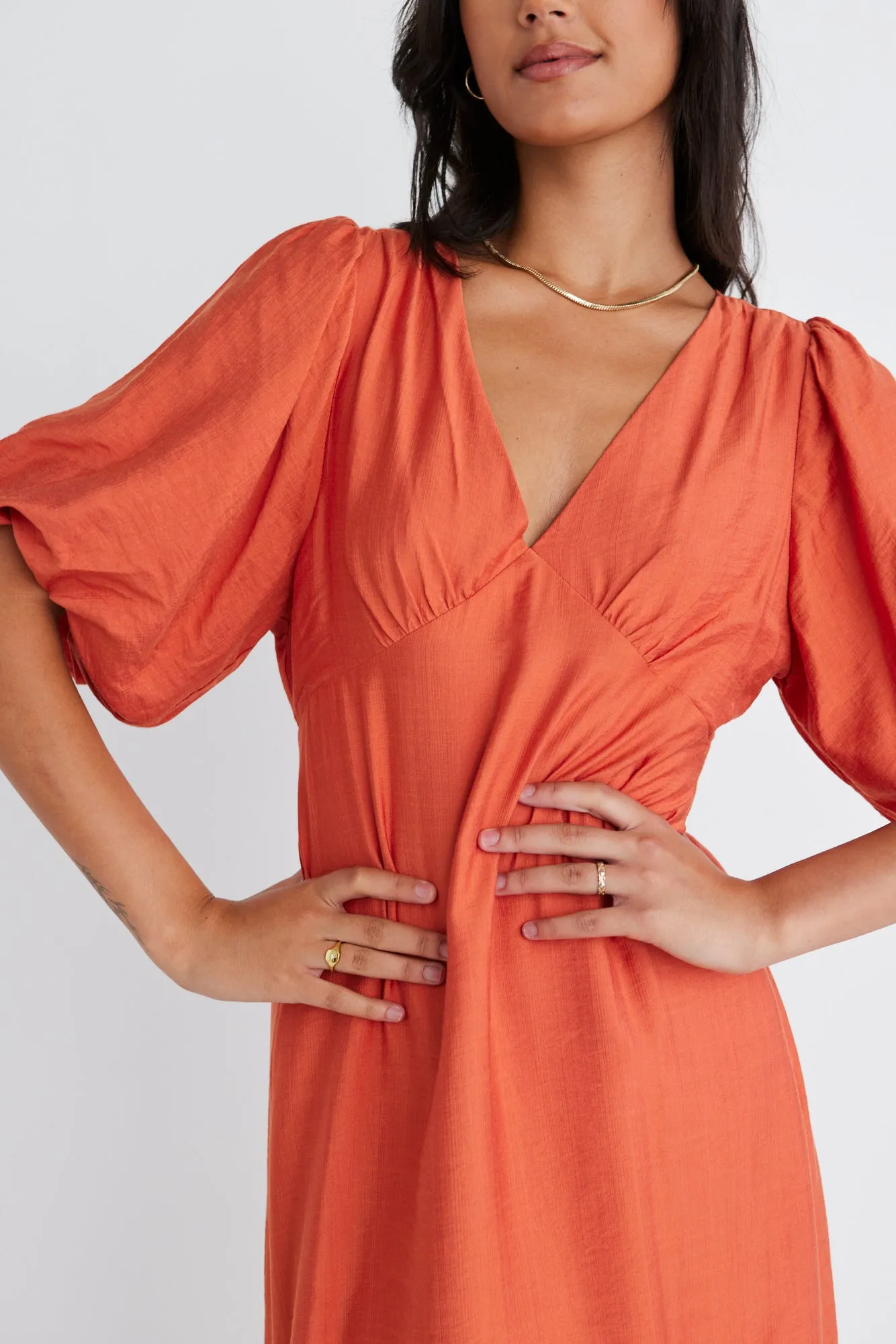 Empire Persimmon Puff Sleeve Midi Dress