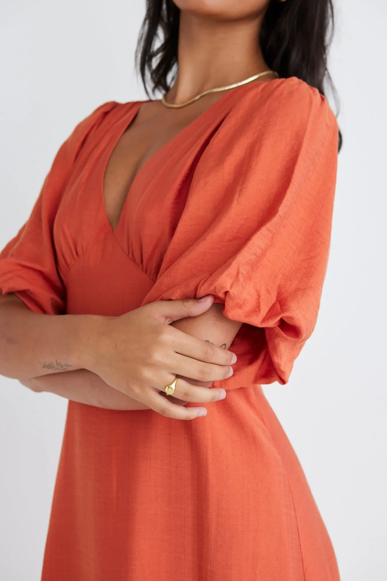 Empire Persimmon Puff Sleeve Midi Dress