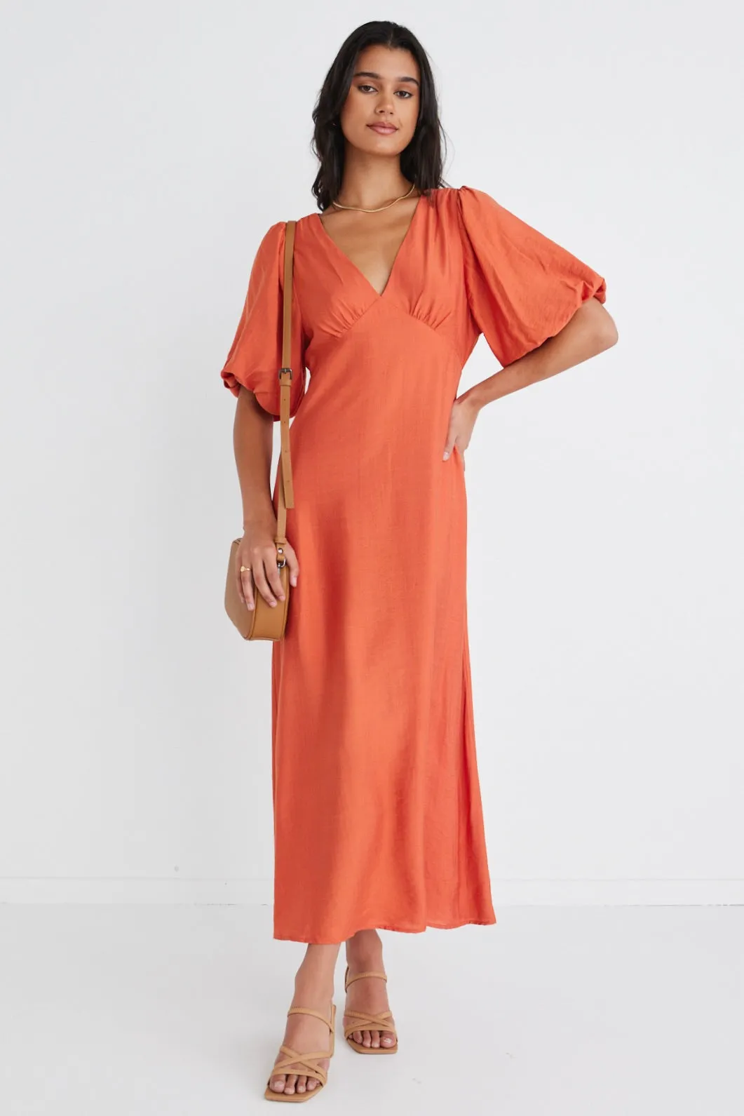 Empire Persimmon Puff Sleeve Midi Dress