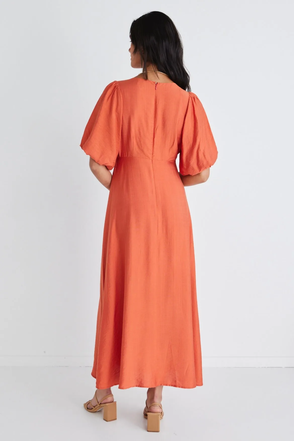 Empire Persimmon Puff Sleeve Midi Dress