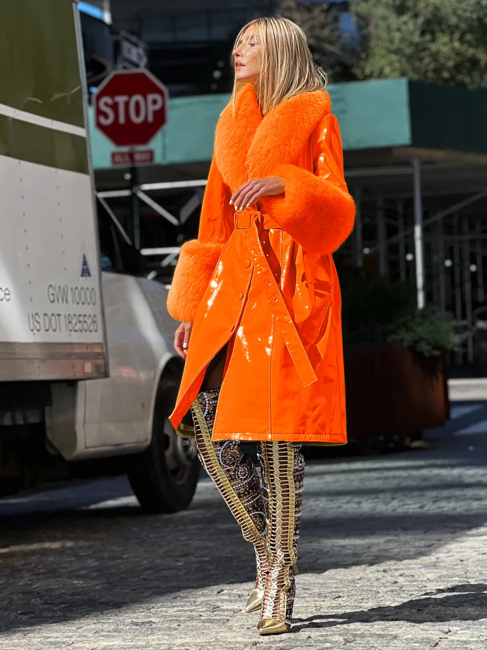 Faux Fur Genuine Patent Leather Coat in Orange