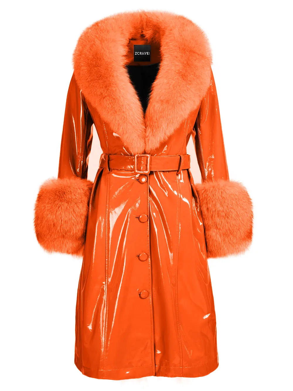 Faux Fur Genuine Patent Leather Coat in Orange