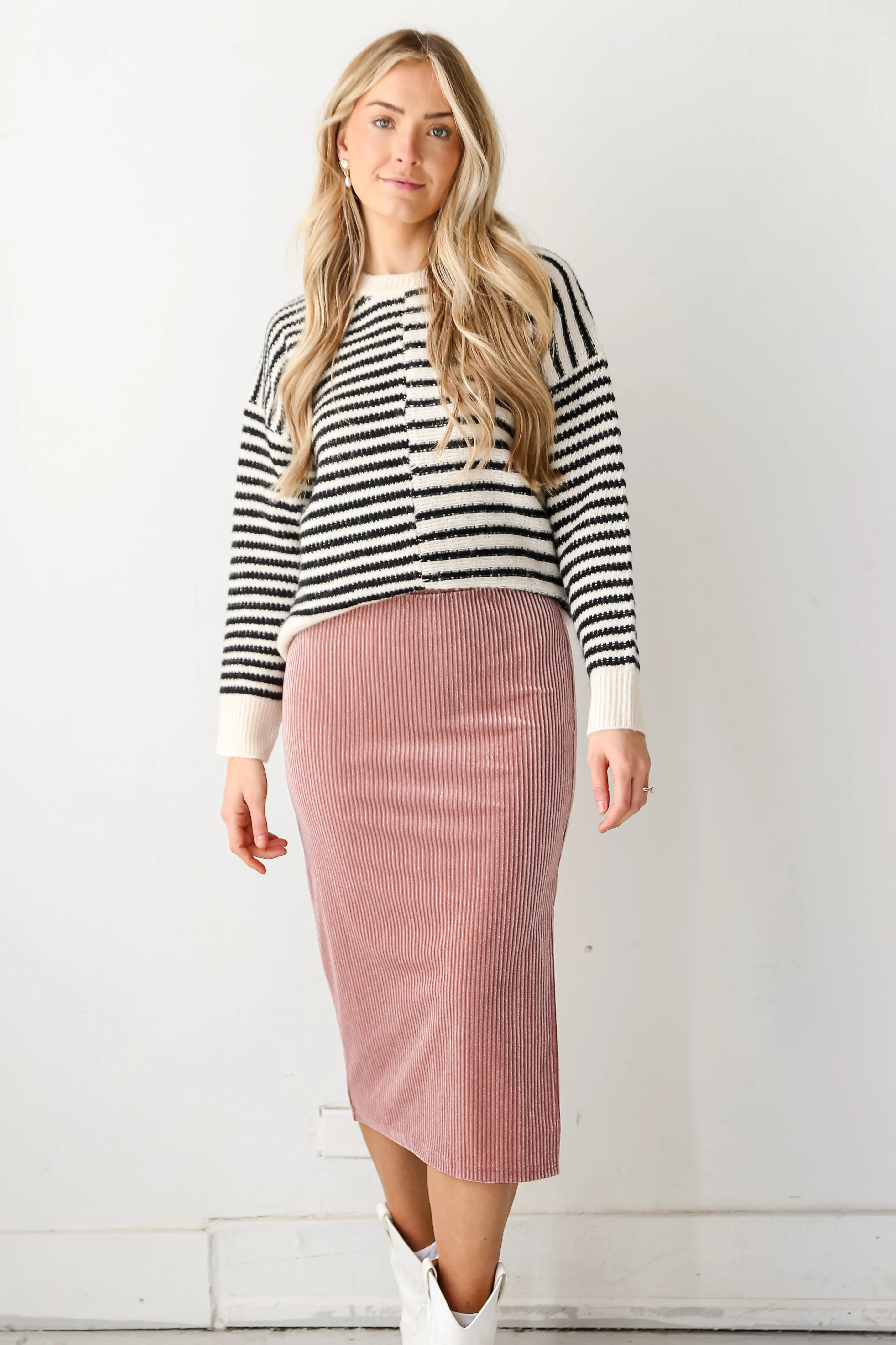 FINAL SALE - Lovely Muse Velvet Metallic Stripe Midi Skirt - DU DEAL