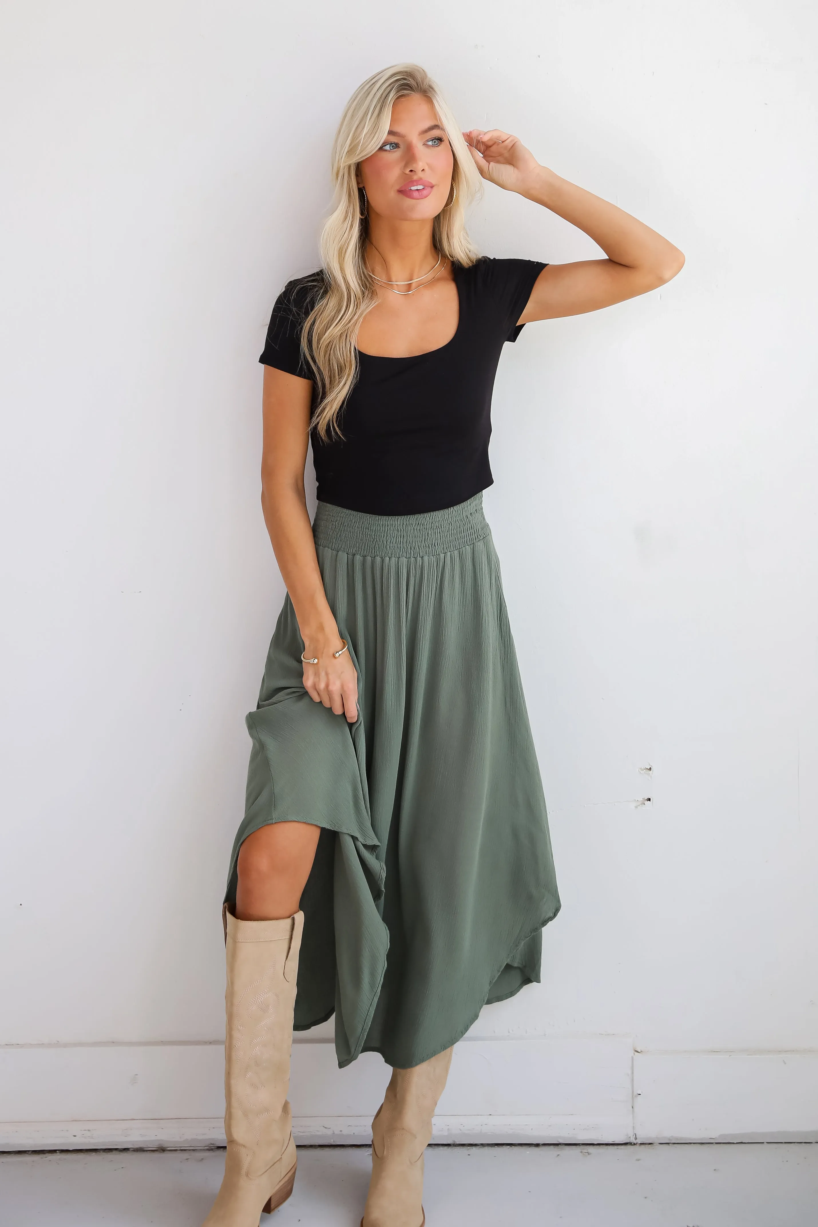 FINAL SALE - Sensational Purpose Olive Midi Skirt