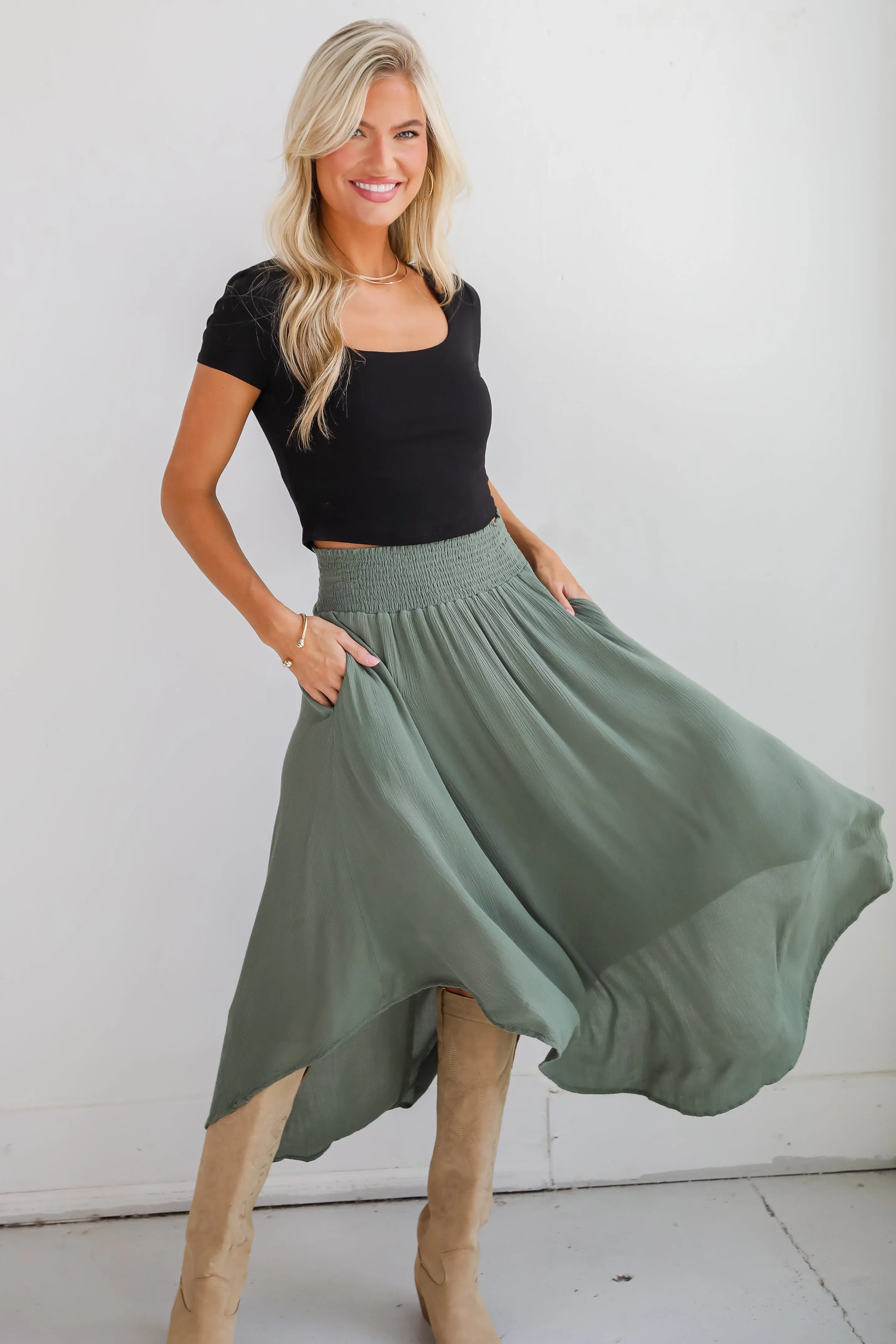 FINAL SALE - Sensational Purpose Olive Midi Skirt