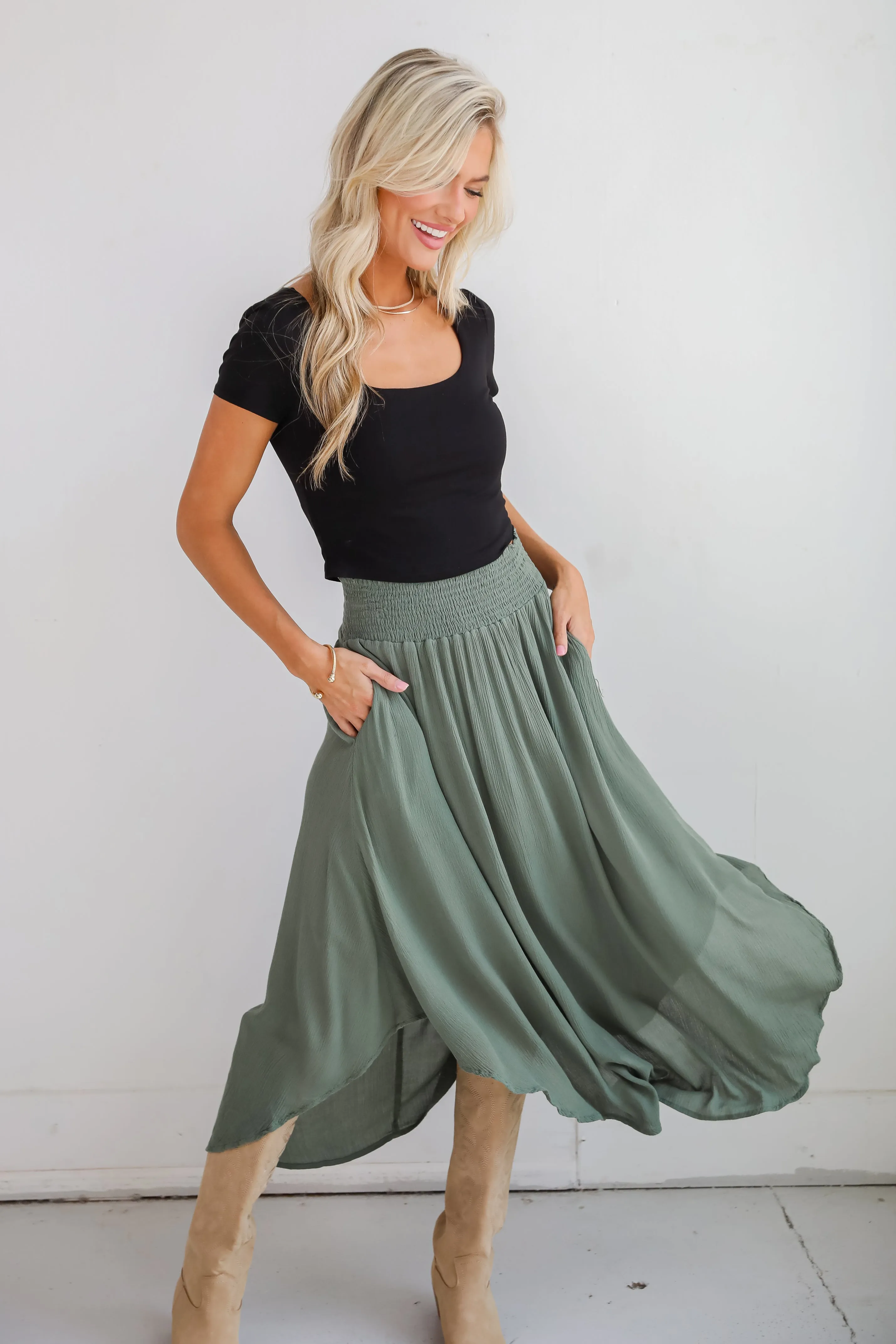 FINAL SALE - Sensational Purpose Olive Midi Skirt