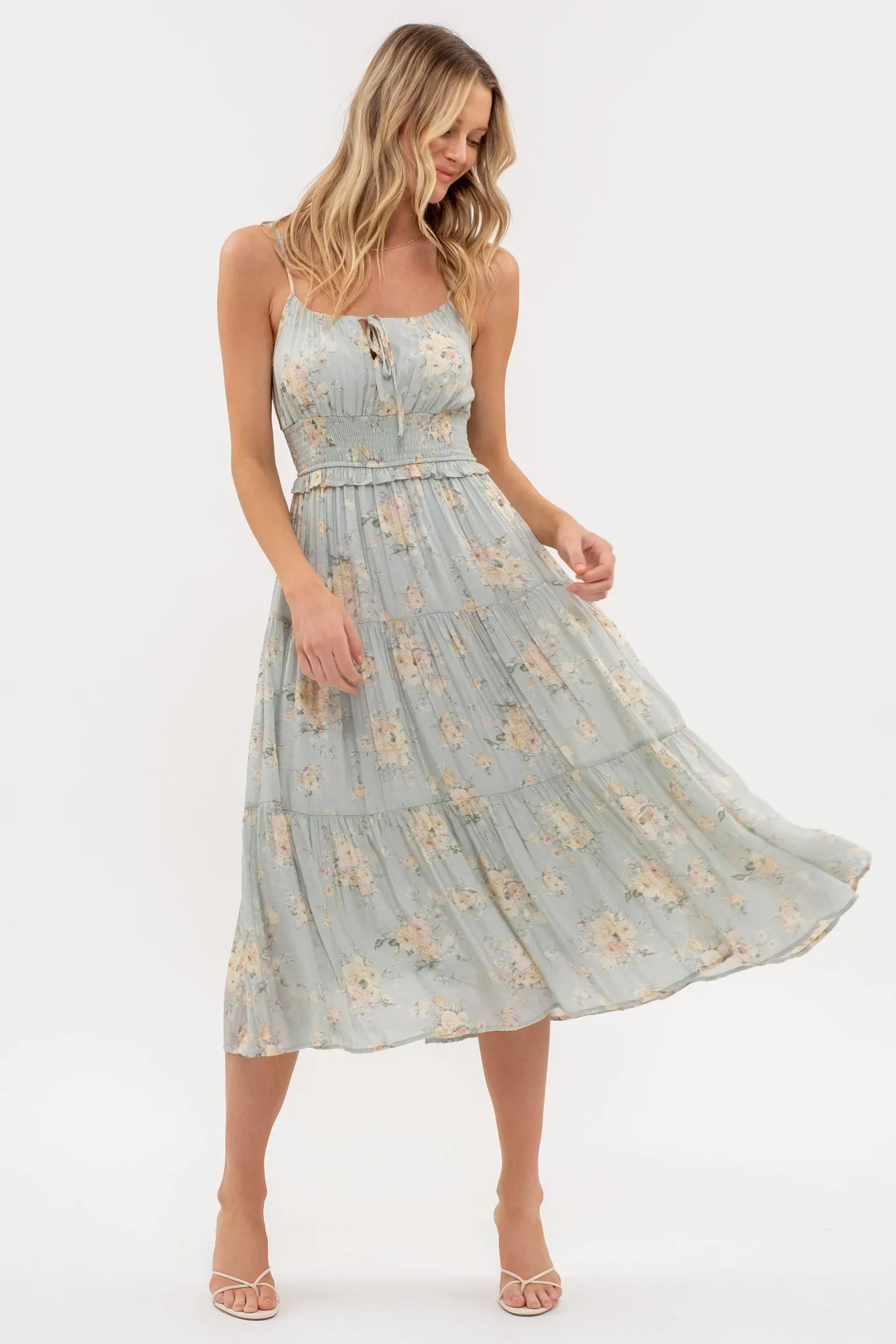 FLORAL FRONT TIE TIERED MIDI DRESS