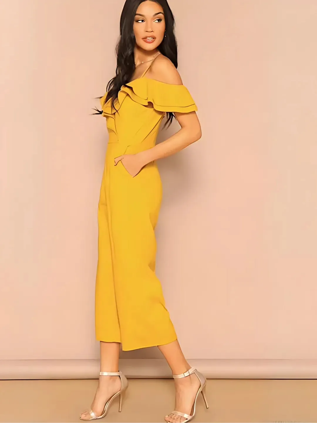 Flounce and Flair: High Waist Yellow Party Jumpsuit