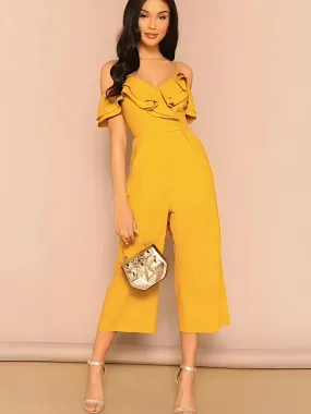 Flounce and Flair: High Waist Yellow Party Jumpsuit