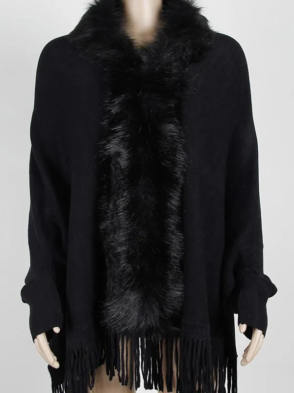 Fringed Cape Shawl Fur Collar Knitted Coat