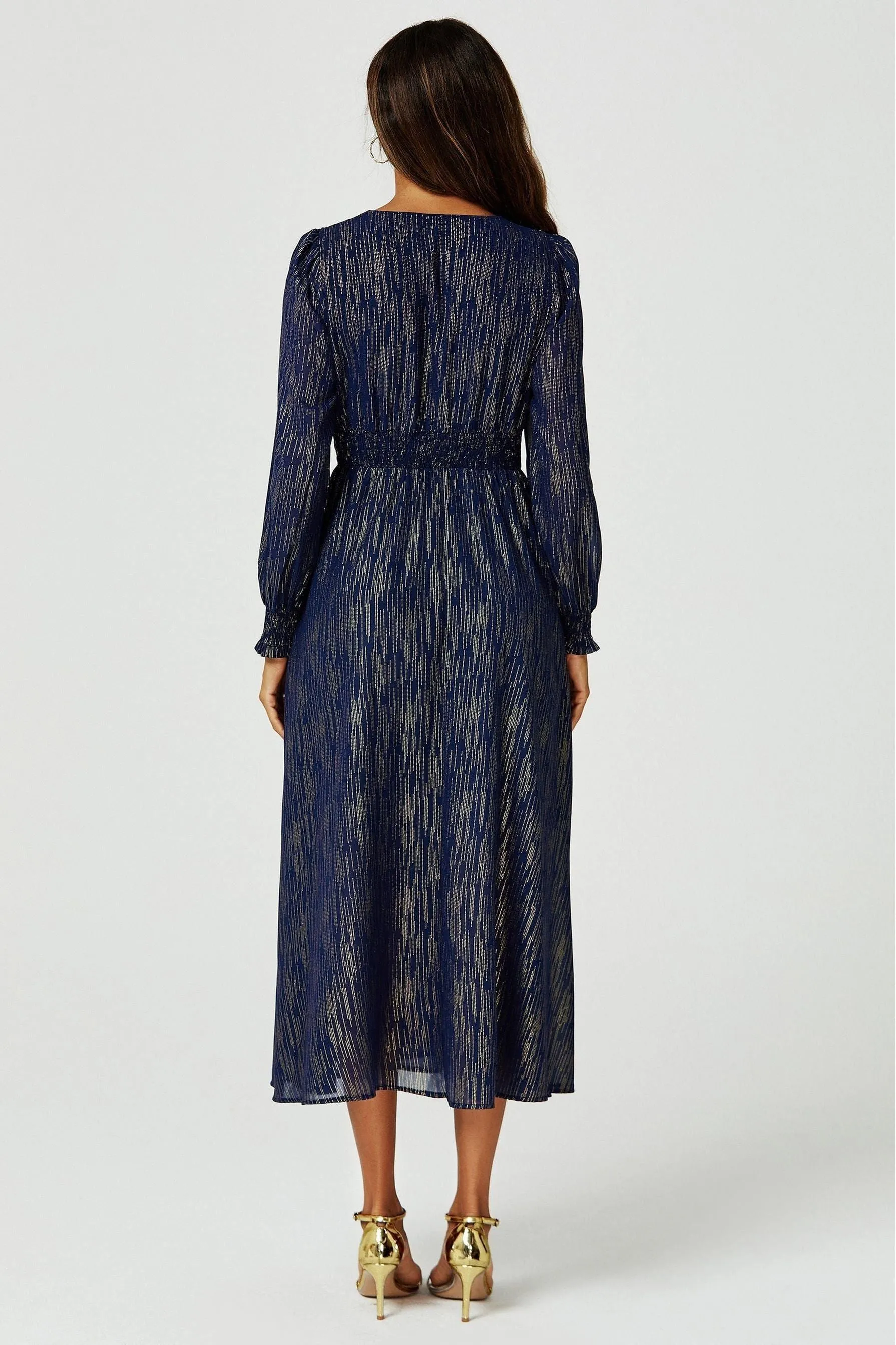 FS Collection Gold Stripe Foil Long Sleeve Maxi Dress In Navy