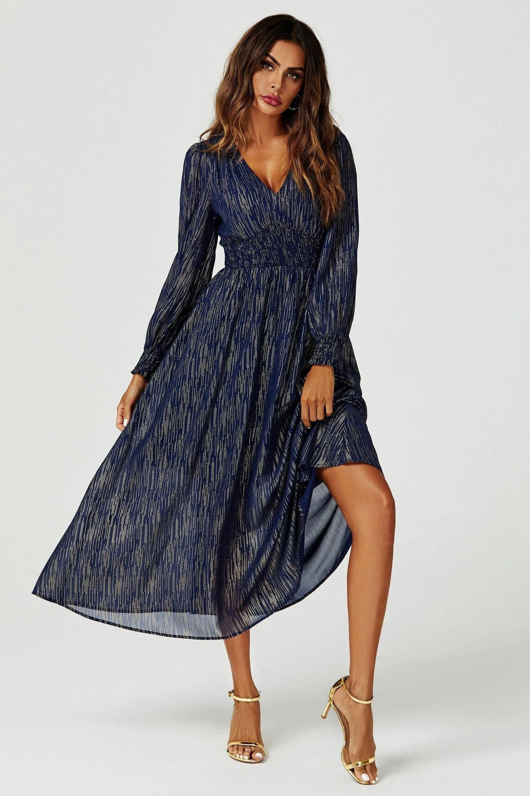 FS Collection Gold Stripe Foil Long Sleeve Maxi Dress In Navy