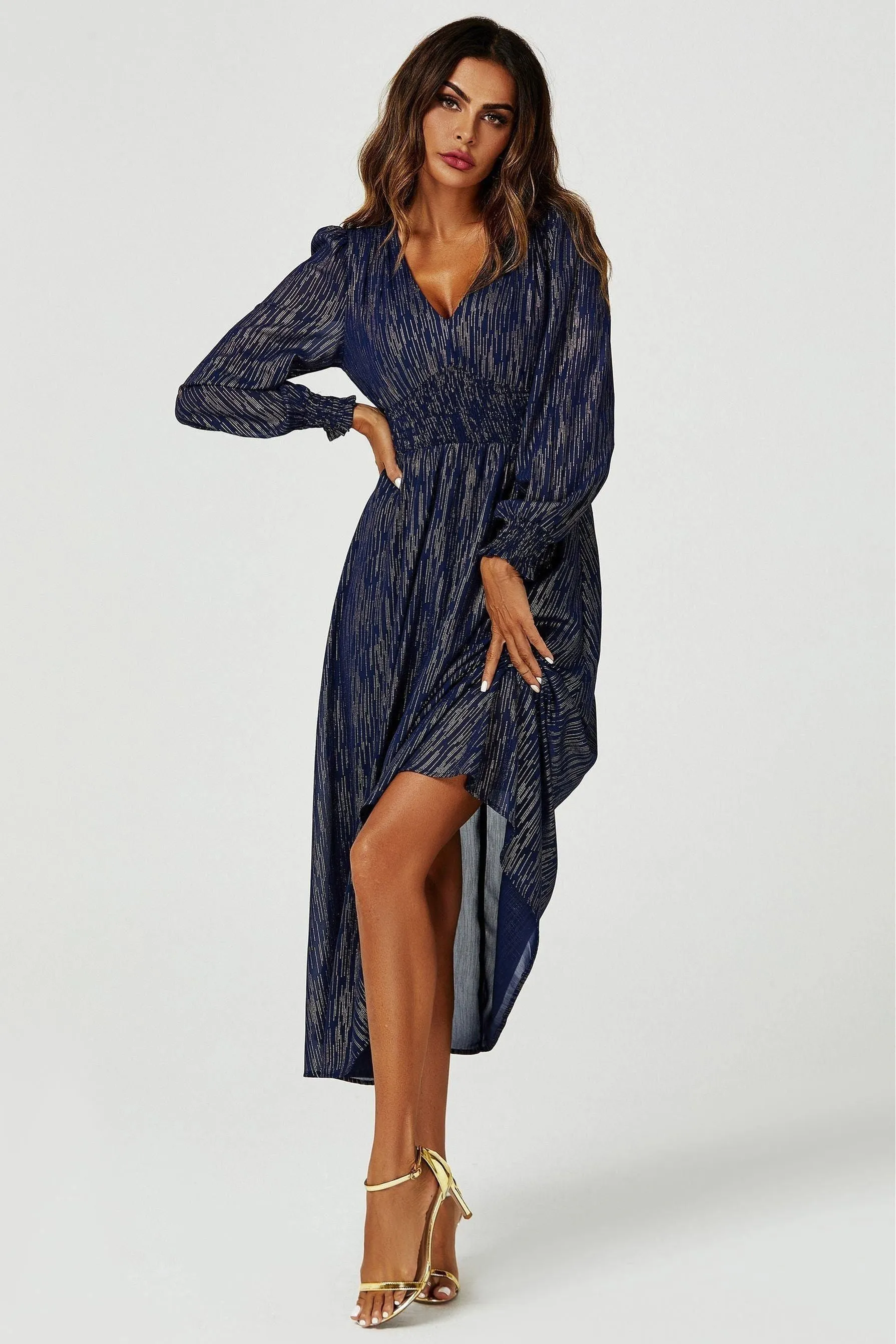 FS Collection Gold Stripe Foil Long Sleeve Maxi Dress In Navy