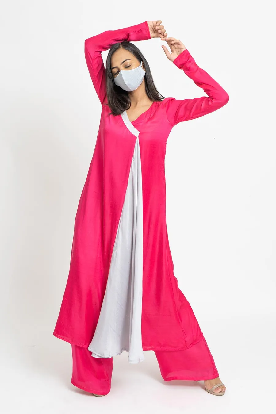 Fucshia & Grey Co-Ord Set With Mask