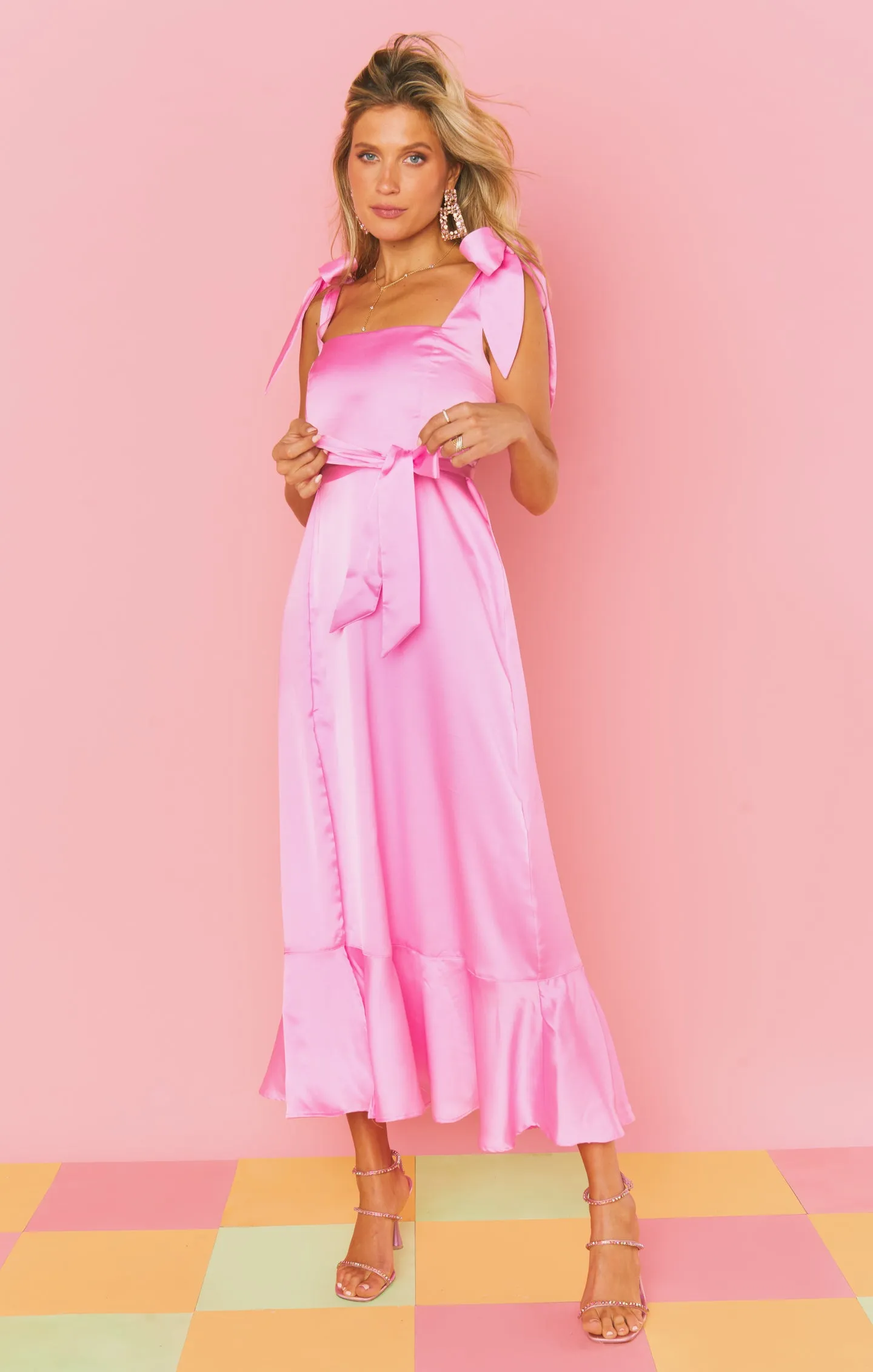 Garden Midi Dress ~ Pink Luxe Satin