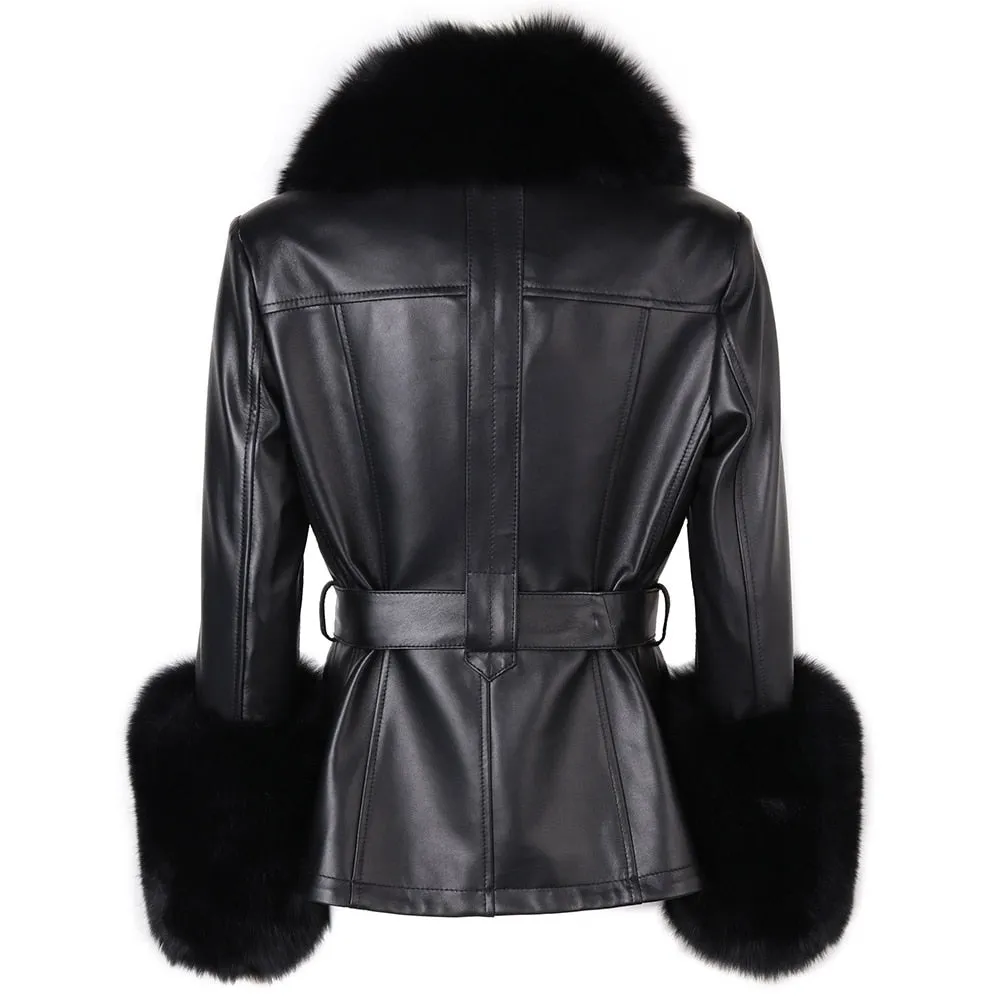 Genuine Leather With Fur Collar Cuffs Coat