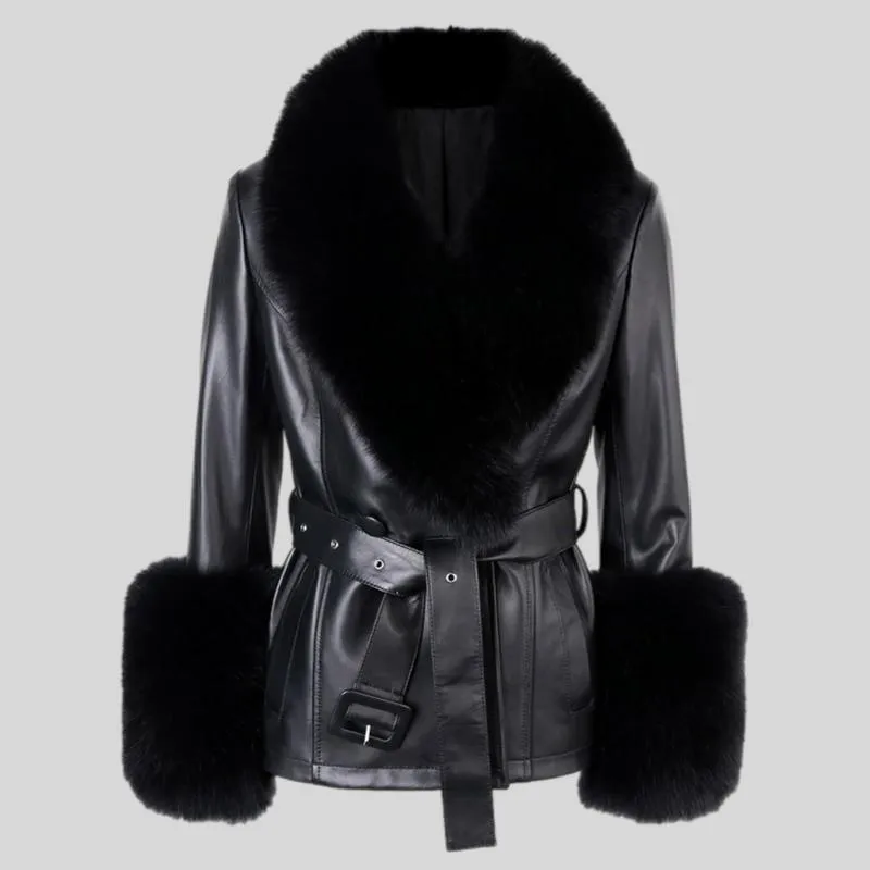 Genuine Leather With Fur Collar Cuffs Coat