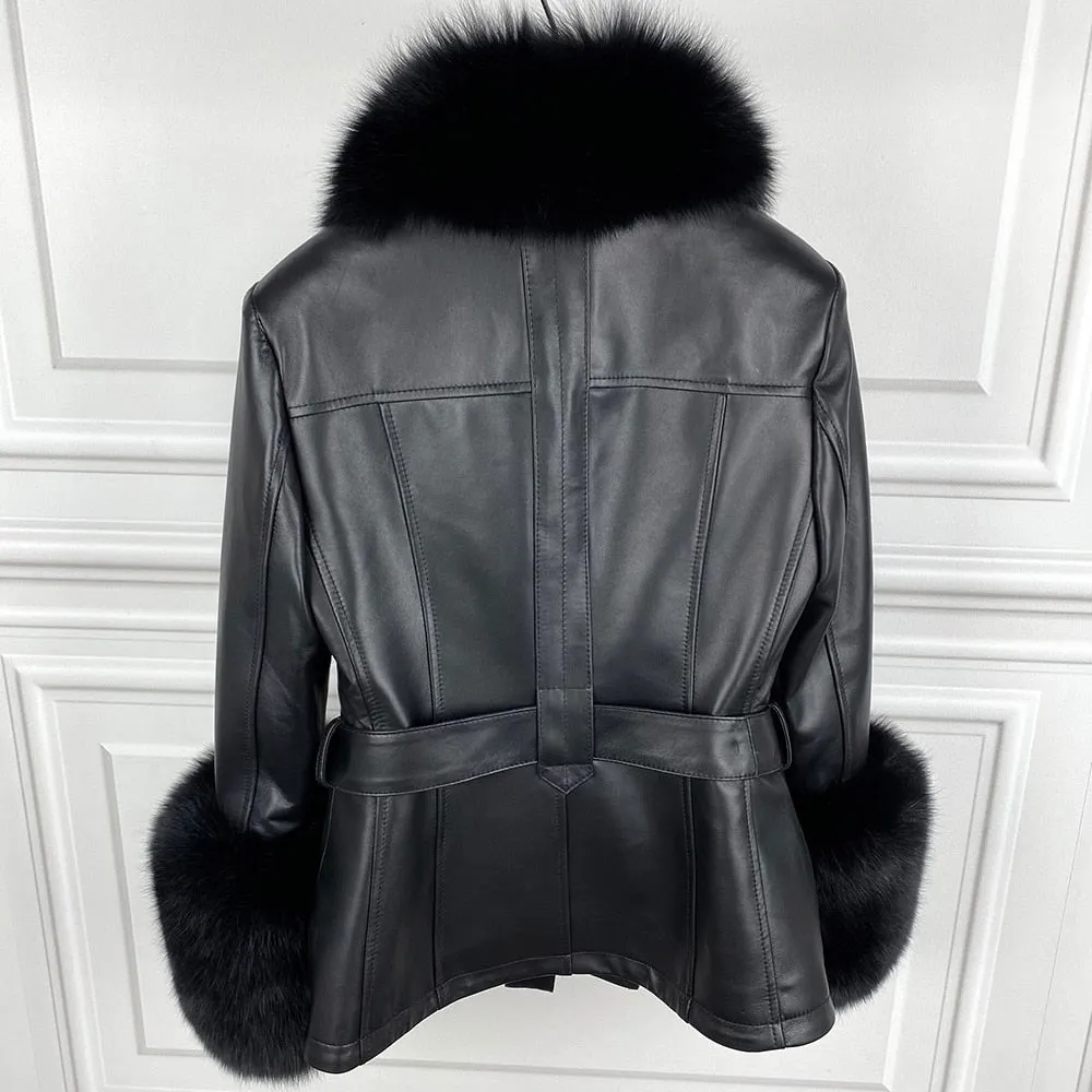 Genuine Leather With Fur Collar Cuffs Coat