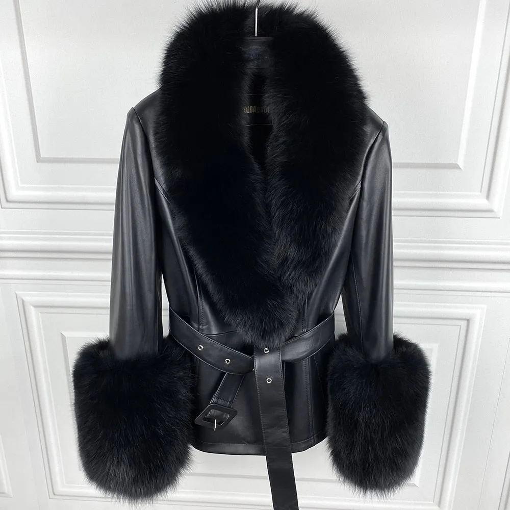 Genuine Leather With Fur Collar Cuffs Coat