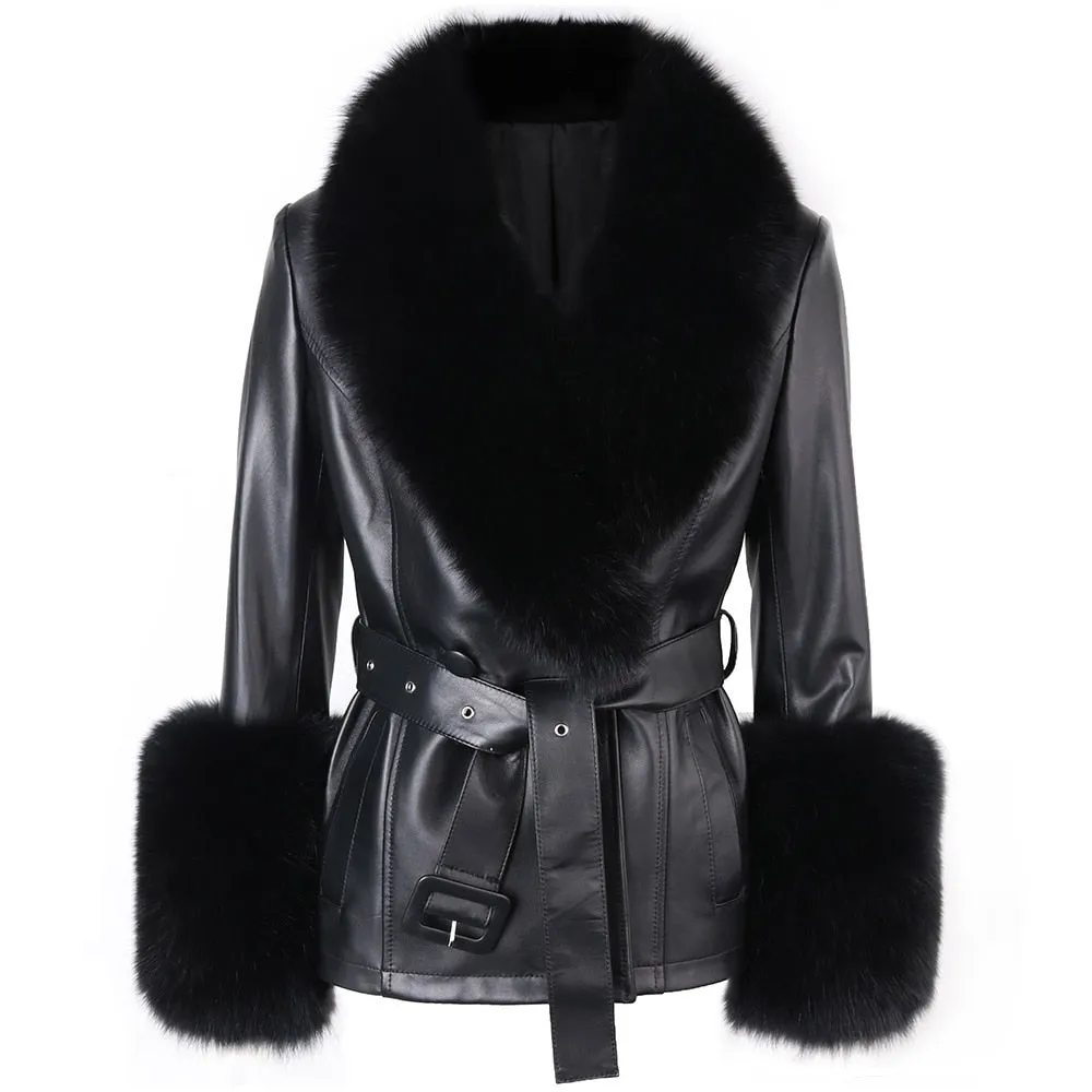 Genuine Leather With Fur Collar Cuffs Coat