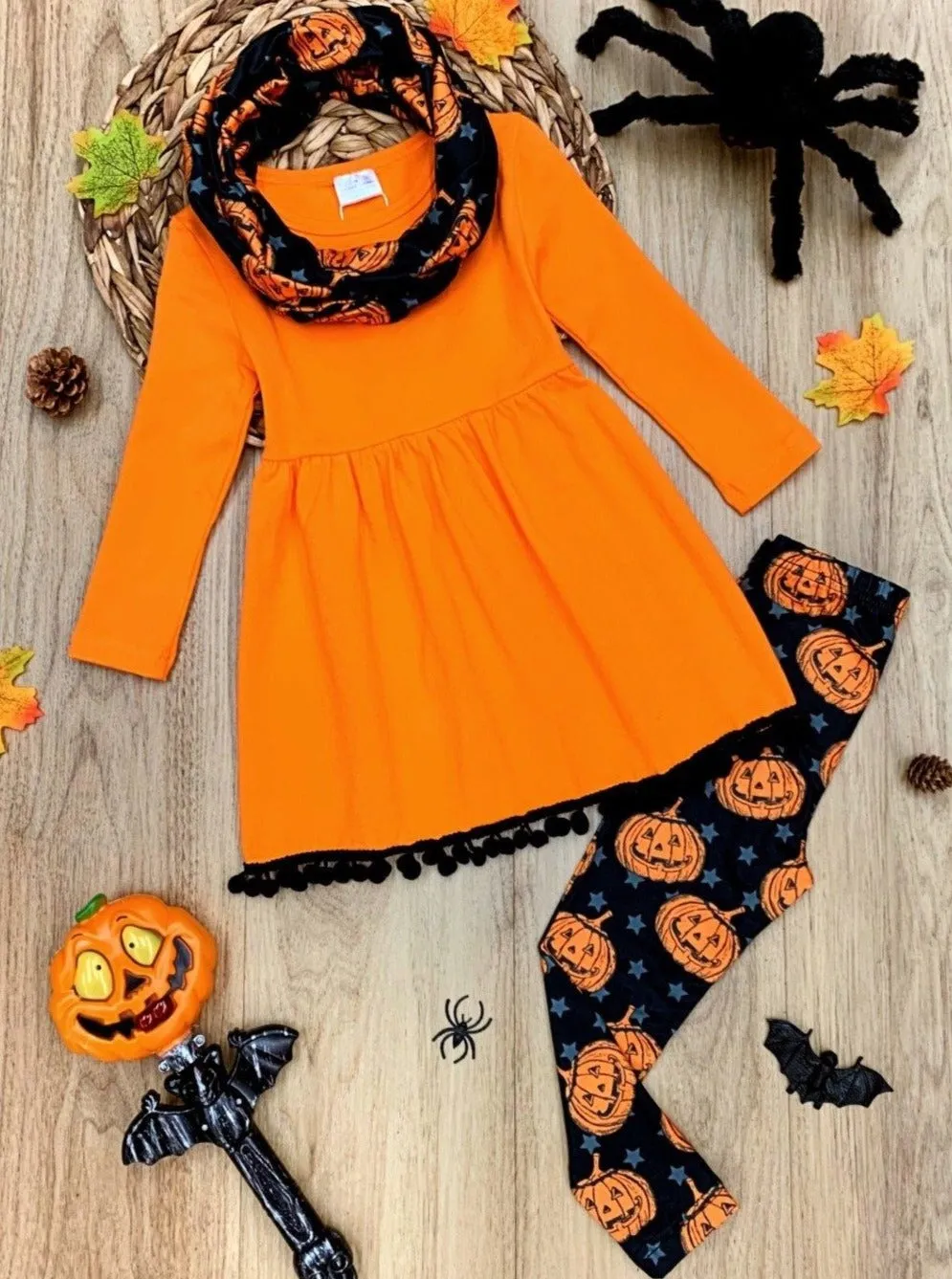 Girls Pom Pom Tunic, Pumpkin Print Leggings and Scarf Set